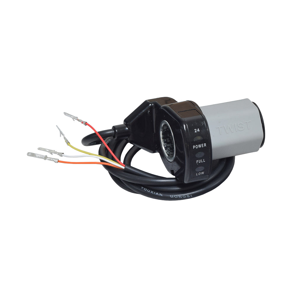 Razor Variable Speed 4-Wire Twist Grip Throttle with 48 Wires, featuring a close-up of the device with visible connected wires and metal end pieces for easy plug-and-play installation on compatible Razor scooters.