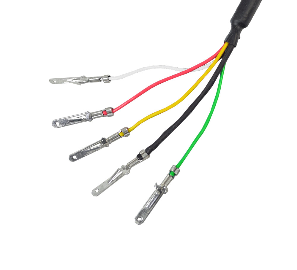 Razor 24 Volt Variable Speed 5-Wire Twist Grip Throttle with 36 Wires, showing a close-up of color-coded electrical wiring and connectors, including heat-shrink tubing, attached to the throttle.