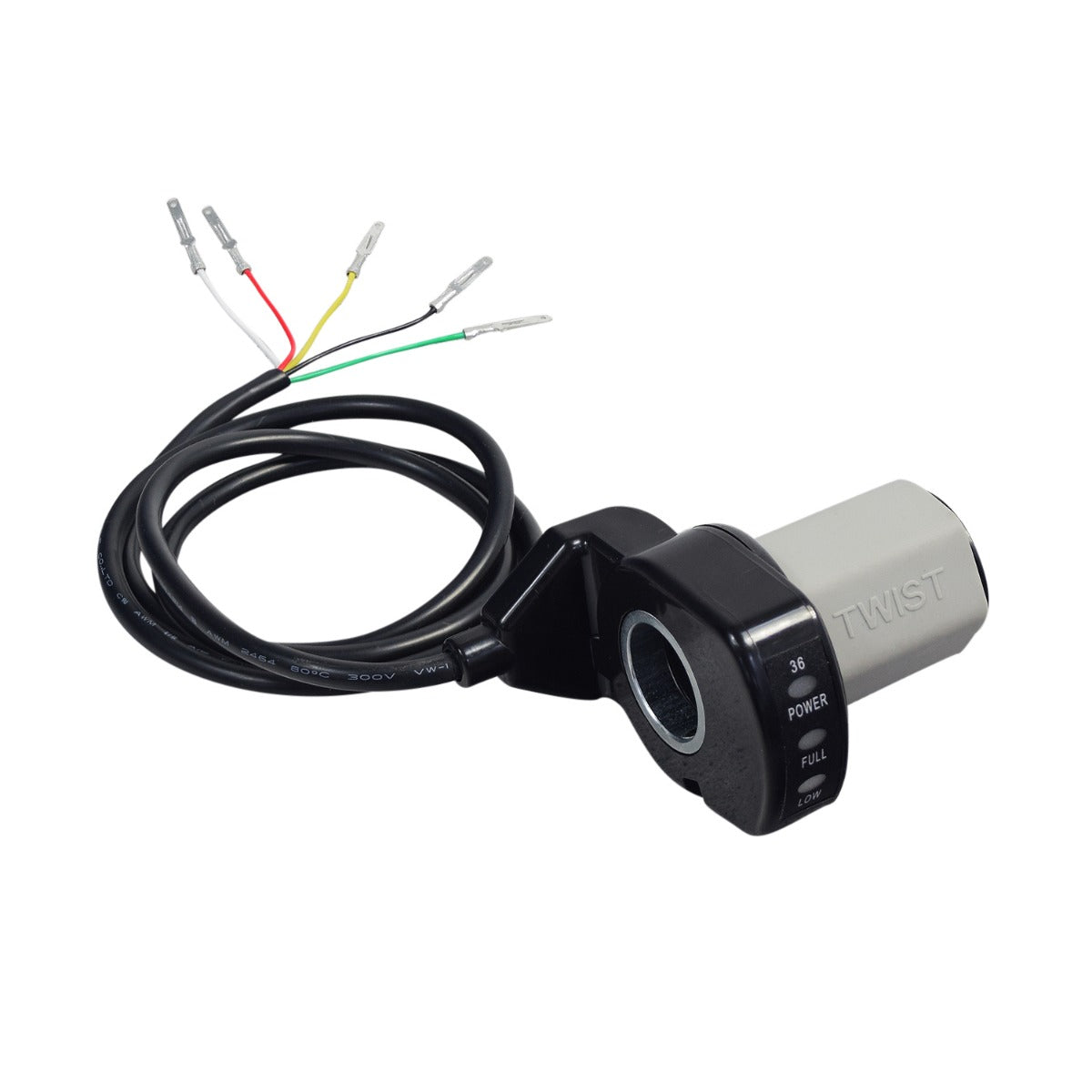 Razor 36 Volt Variable Speed 5-Wire Twist Grip Throttle with 36 Wires, featuring several connected colored wires and a built-in battery level indicator for easy plug-and-play installation on Razor MX500 and MX650 scooters.