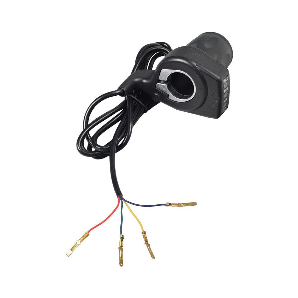 36 Volt 4 Wire Half Grip Twist Grip Throttle with LED Battery Level Meter featuring a black handle and visible colored wires for electric scooters and mopeds.