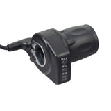 36 Volt 4 Wire Half Grip Twist Grip Throttle with LED Battery Level Meter, featuring a black handlebar with buttons, a close-up of a button, screw, and black cable.