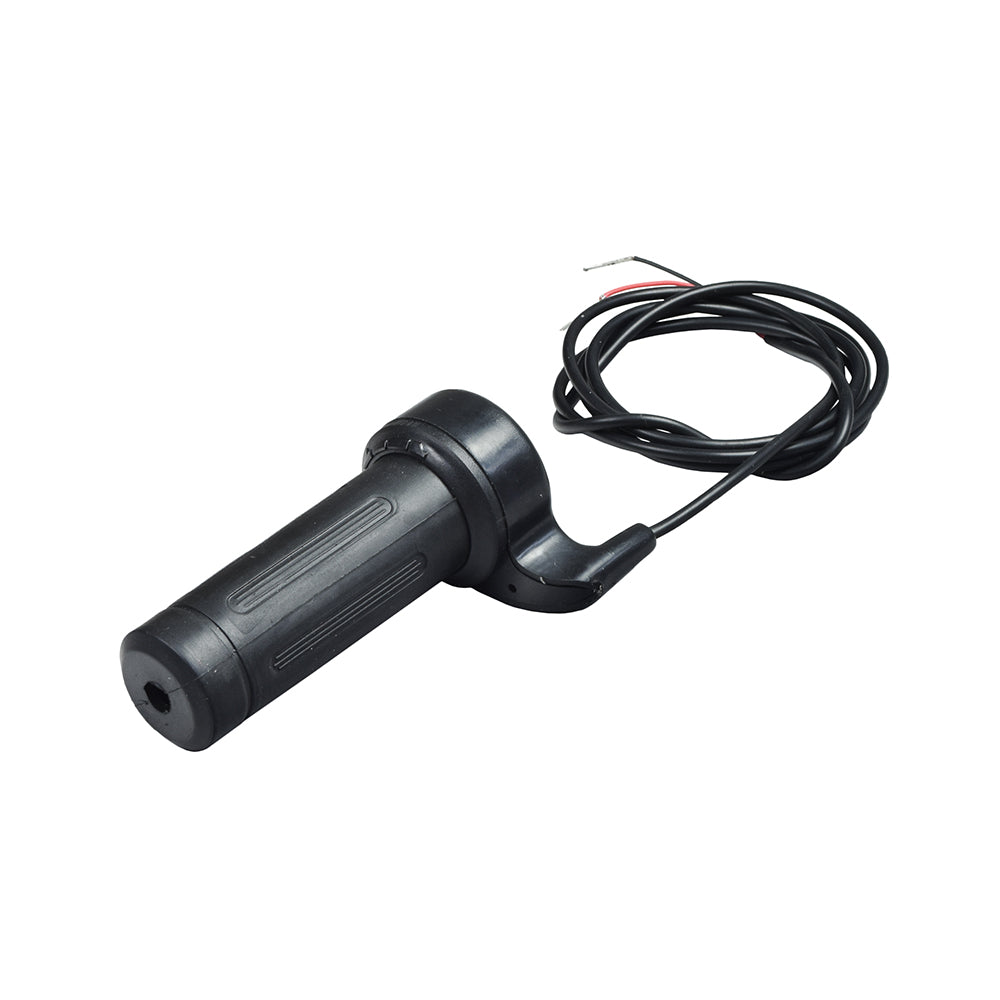 24 Volt 2-Wire Hand Throttle for electric scooters, featuring a black handle with an attached wire. Suitable for various models, fits most 7/8 handlebars, and includes a 48 wiring harness.