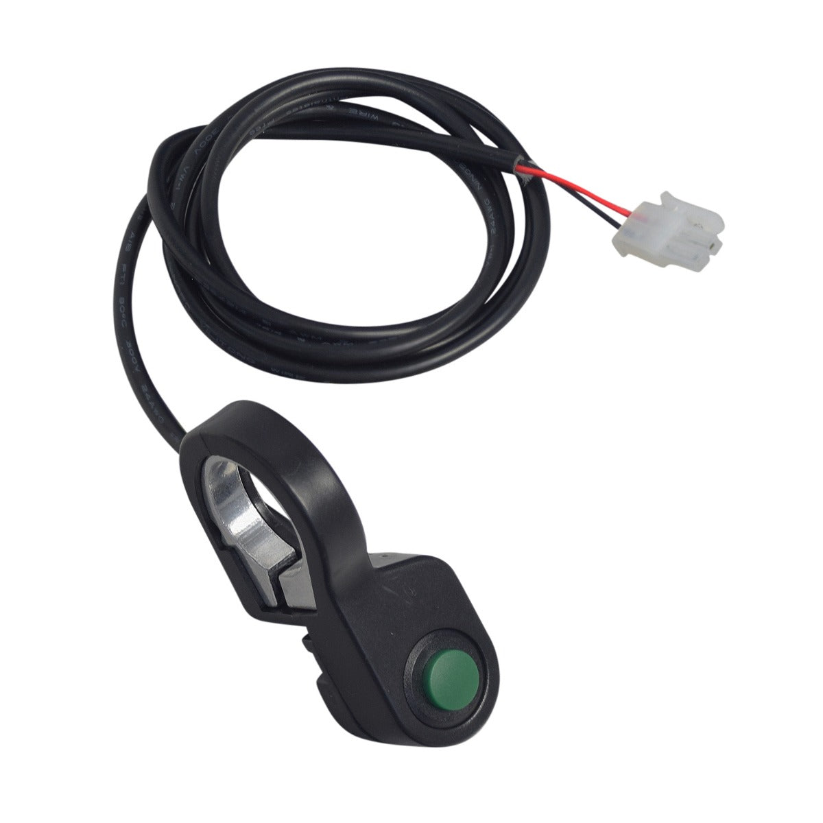 Push Button Throttle for the Viro Rides VR 550E Scooter, featuring a green button attached to a black wire, designed for easy mounting and connectivity to the scooter's handlebar.