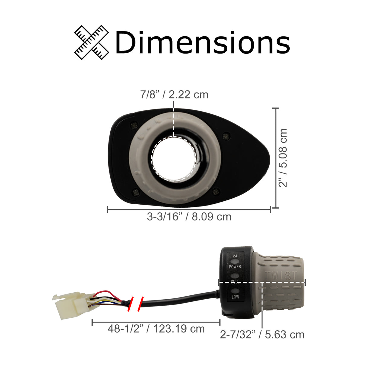 24 Volt Variable Speed 6-Wire Twist Grip Throttle for the Razor Pocket Mod (Versions 13-44), featuring a close-up of the twister, lens, battery level indicator, and a diagram with dimensions.