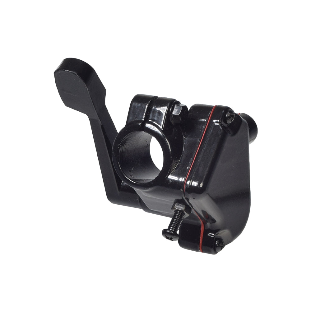 Thumb Throttle Lever Assembly for 50cc, 70cc, 90cc, 110cc, & 150cc ATVs, Dirt Bikes, & Bike Kits, featuring a robust black metal design with a red stripe and lever for dependable use.