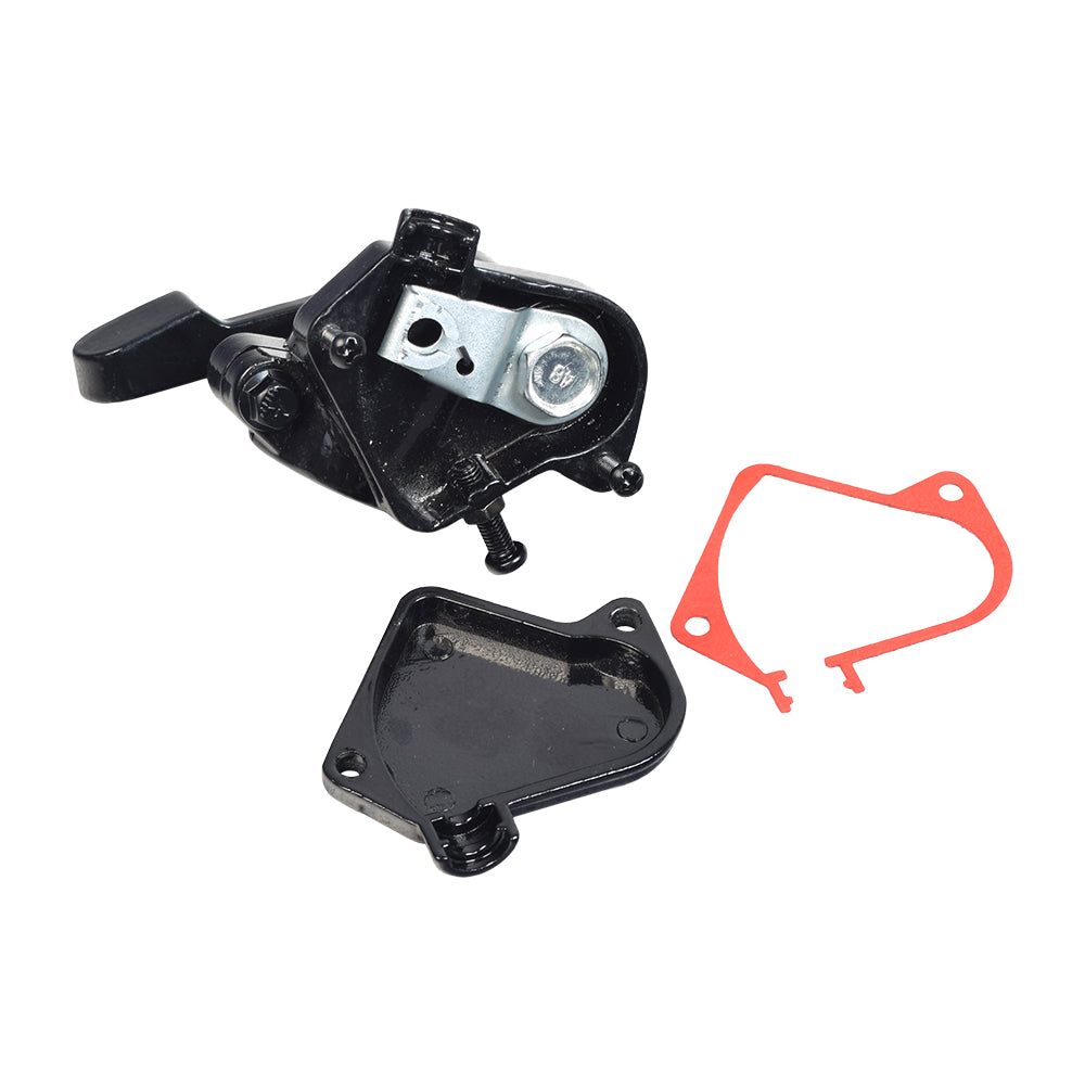 Thumb Throttle Lever Assembly for 50cc, 70cc, 90cc, 110cc, & 150cc ATVs, Dirt Bikes, & Bike Kits, featuring a robust black metal body with a red gasket and screw attachment.