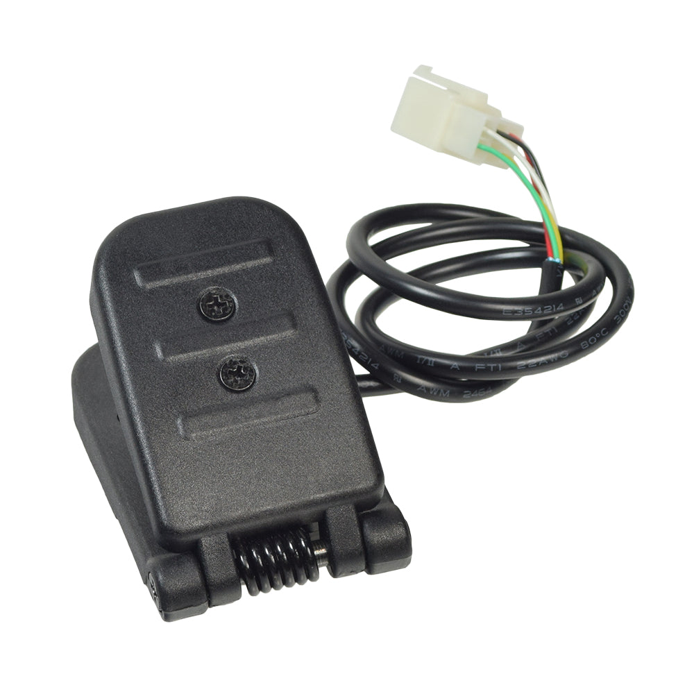 Foot Pedal Throttle for the Razor Crazy Cart XL (Versions 1+), featuring a black electronic device with a wire, a close-up of a wire connector, and a black clip with a spring.