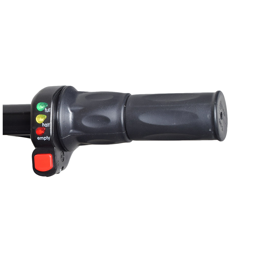 36 Volt 6-Pin Twist Grip Throttle with On/Off Button for the Monster Moto Classic 1000w (MM-E1000) featuring a black handlebar with red buttons, green lights, and handlebar grips.