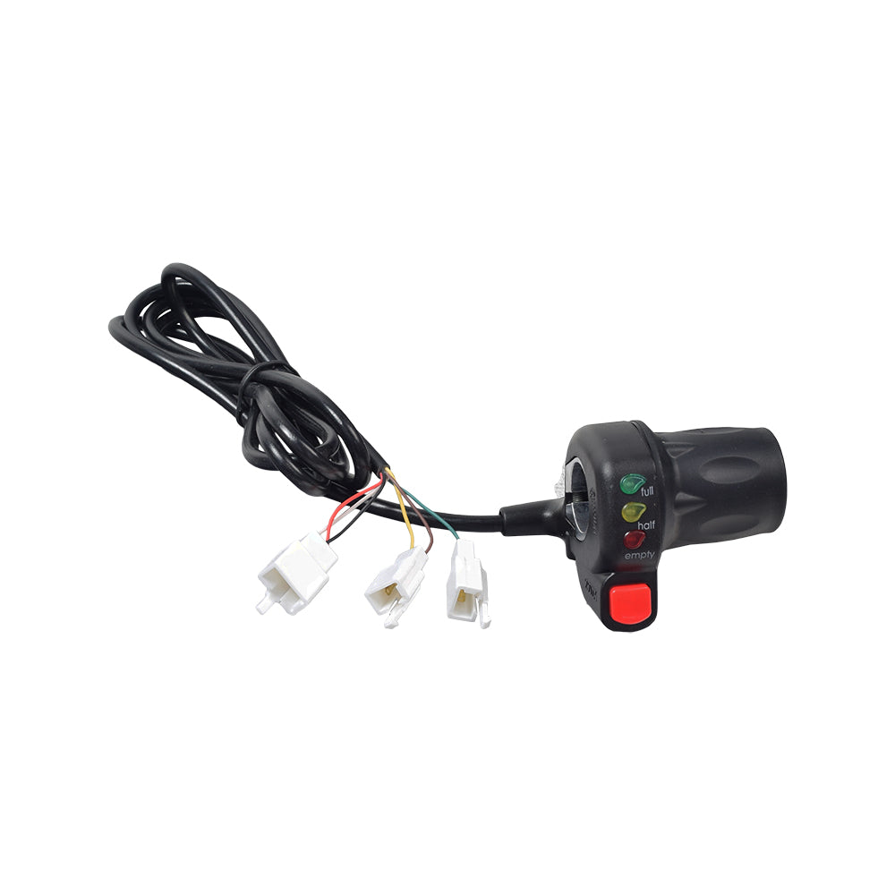 36 Volt 6-Pin Twist Grip Throttle with On/Off Button for the Monster Moto Classic 1000w (MM-E1000), featuring a black handlebar with wires, a red button, and a close-up of a switch.