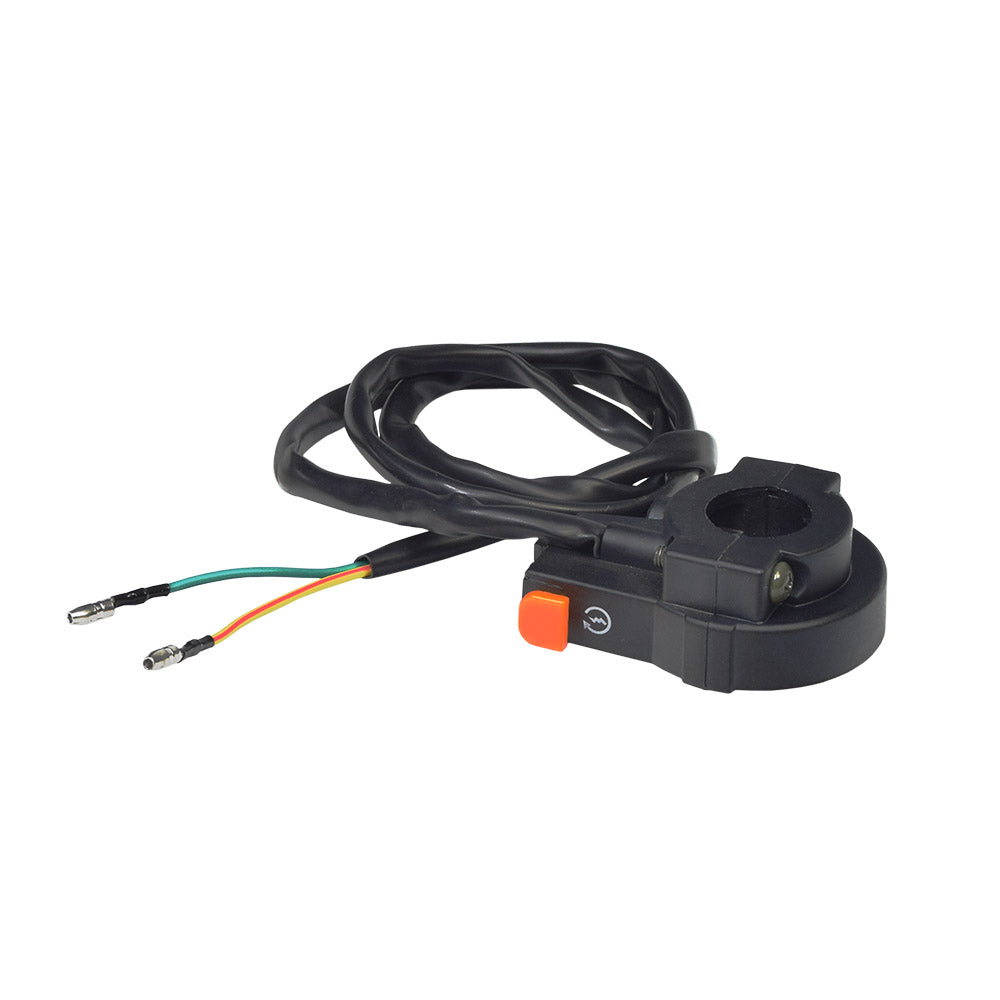 2-Wire Kill Switch/Throttle Clamp for 48cc - 80cc 2-Stroke Bicycle Engine Kits (Blemished), featuring a black electrical device with an orange button, green and yellow cable, and a black rubber tube.