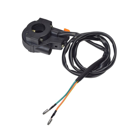 2-Wire Kill Switch/Throttle Clamp for 48cc - 80cc 2-Stroke Bicycle Engine Kits (Blemished), featuring a black electrical device with wires and an orange button. Suitable for use with various throttle grips.