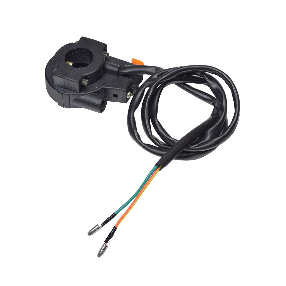 Twist Grip Throttle & Kill Switch Set for 48cc - 80cc 2-Stroke Bicycle Engine Kits, featuring a black electrical device with wires, a control clamp, and handlebar grips.