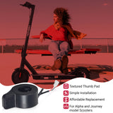 Woman sitting on a bench beside a black electric scooter, showcasing the 3-Wire Thumb Throttle for Hover-1 Alpha & Journey Folding Electric Scooters, emphasizing the textured thumb pad and 3-wire harness.