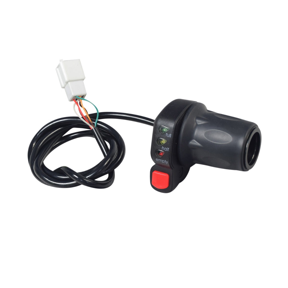 6-Wire Twist-Grip Throttle for the Razor Rambler 16 Electric Mini Bike (Version 1+), featuring a black device with a prominent red button, multiple colored wires, and a built-in battery level indicator.