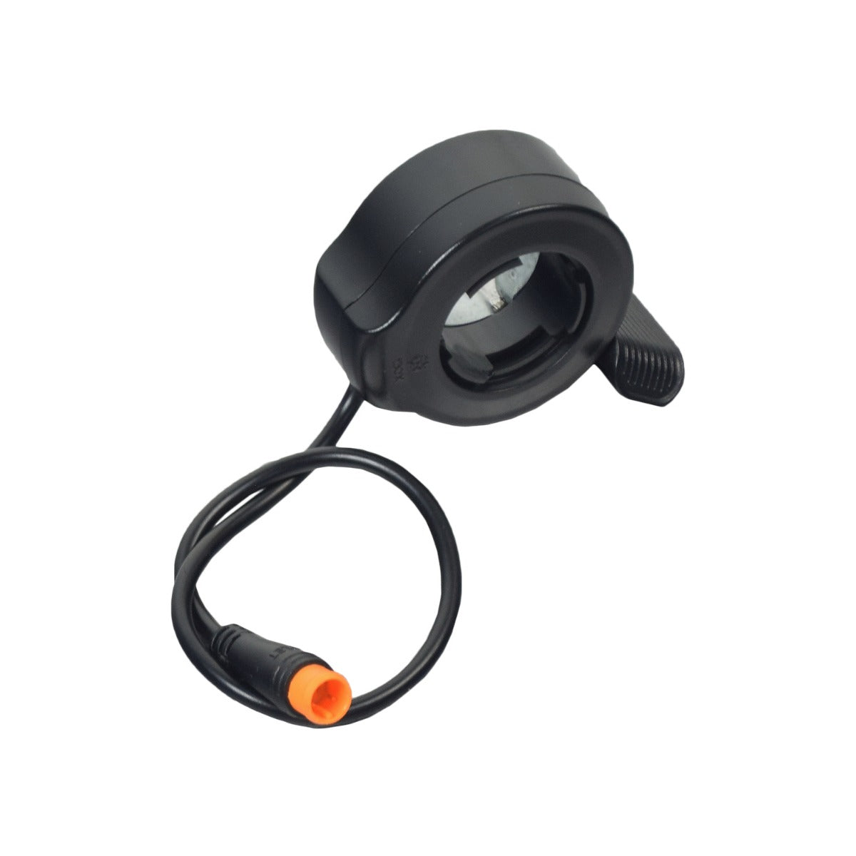 130X Thumb Throttle with Weatherproof Round 3-Pin Connector for Electric Bikes, featuring a black circular device with an attached black cable and a thumb pad for better grip on handlebars.