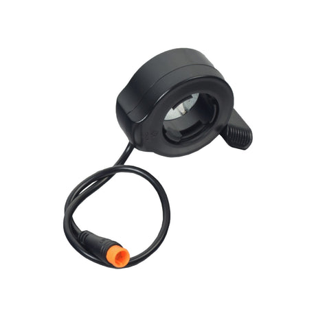 Thumb Throttle for the ANCHEER 26 350W Electric Mountain Bike, featuring a black circular design with attached cord and thumb pad, complete with a 9-3/8 wiring harness and 3-prong connector.