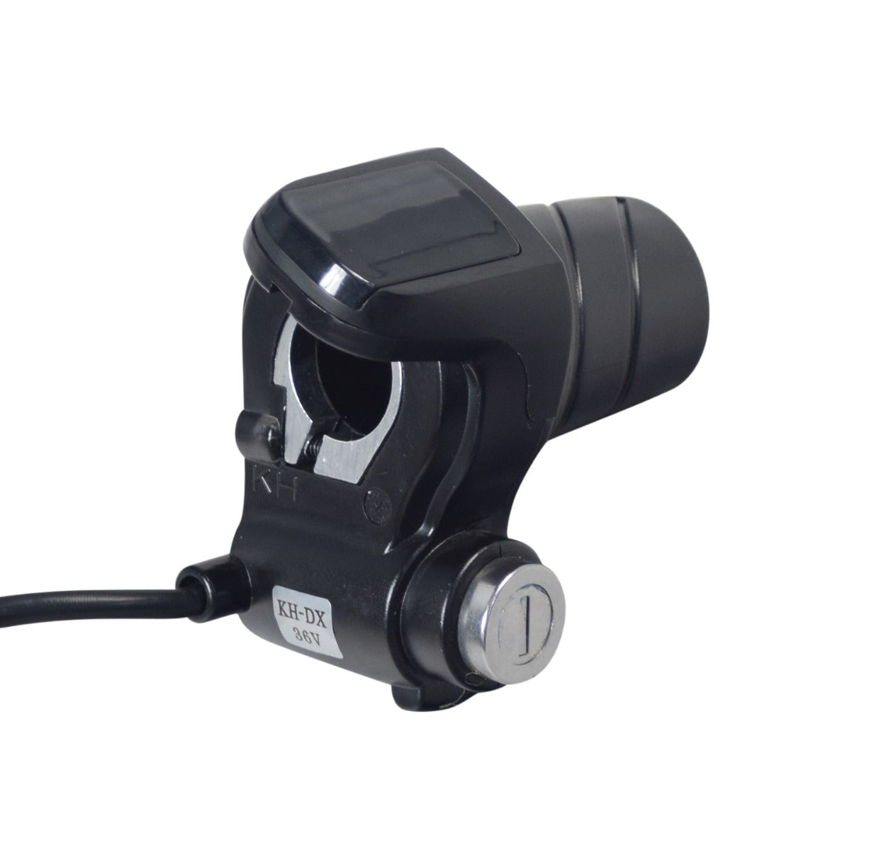 5-Wire Hand Throttle for the GOTRAX EBE1 Folding Super Sport Bike 16, featuring a black and silver device with a cable, ignition switch, matching keys, and a battery level display.