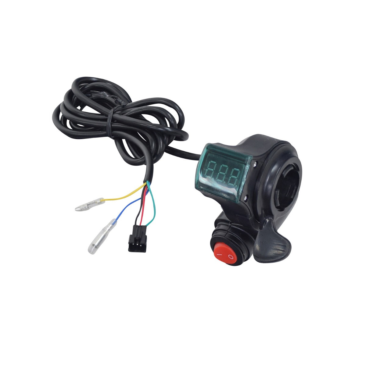 Thumb Throttle with On/Off Switch & Speedometer for Electric Bikes & Scooters, featuring a black device with a red button, green digital display, and a 70 wire harness with connectors.