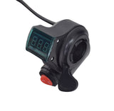 Thumb Throttle with On/Off Switch & Speedometer for Electric Bikes & Scooters featuring a black digital display, red button, and black cable, designed for 7/8 handlebars with a 70 wire harness.