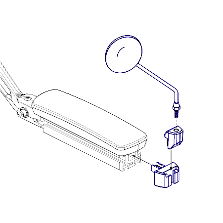 Mirror for Tru-Balance 3 Seats on Quantum Power Chairs, shown with a mounting block and standing rod, resembling a magnifying glass and pocket knife in blue line drawing style.