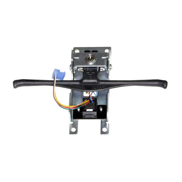 Throttle Potentiometer Assembly for Amigo Mobility Scooters with Touchtron Enclosure Assemblies, featuring a black handle with visible wires and a close-up of the mechanical device.