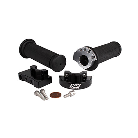 Throttle and Grip Set for Scooters showing a close-up of black handlebars with screws and a lever, designed for smooth control, compatible with standard 7/8 scooter handlebars.