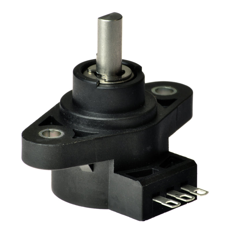 Throttle Potentiometer Assembly for the Golden Technologies Buzzaround (GB106) and LiteRider (GL110) scooters, featuring a black and silver metal cylinder with attached electrical components in a close-up view.