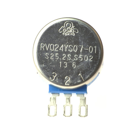 Throttle Potentiometer for the ActiveCare Spitfire 1310, Spitfire 1410, and Spitfire EX 1420 Scooters, shown as a round metal component with numbers and a blue and silver finish.