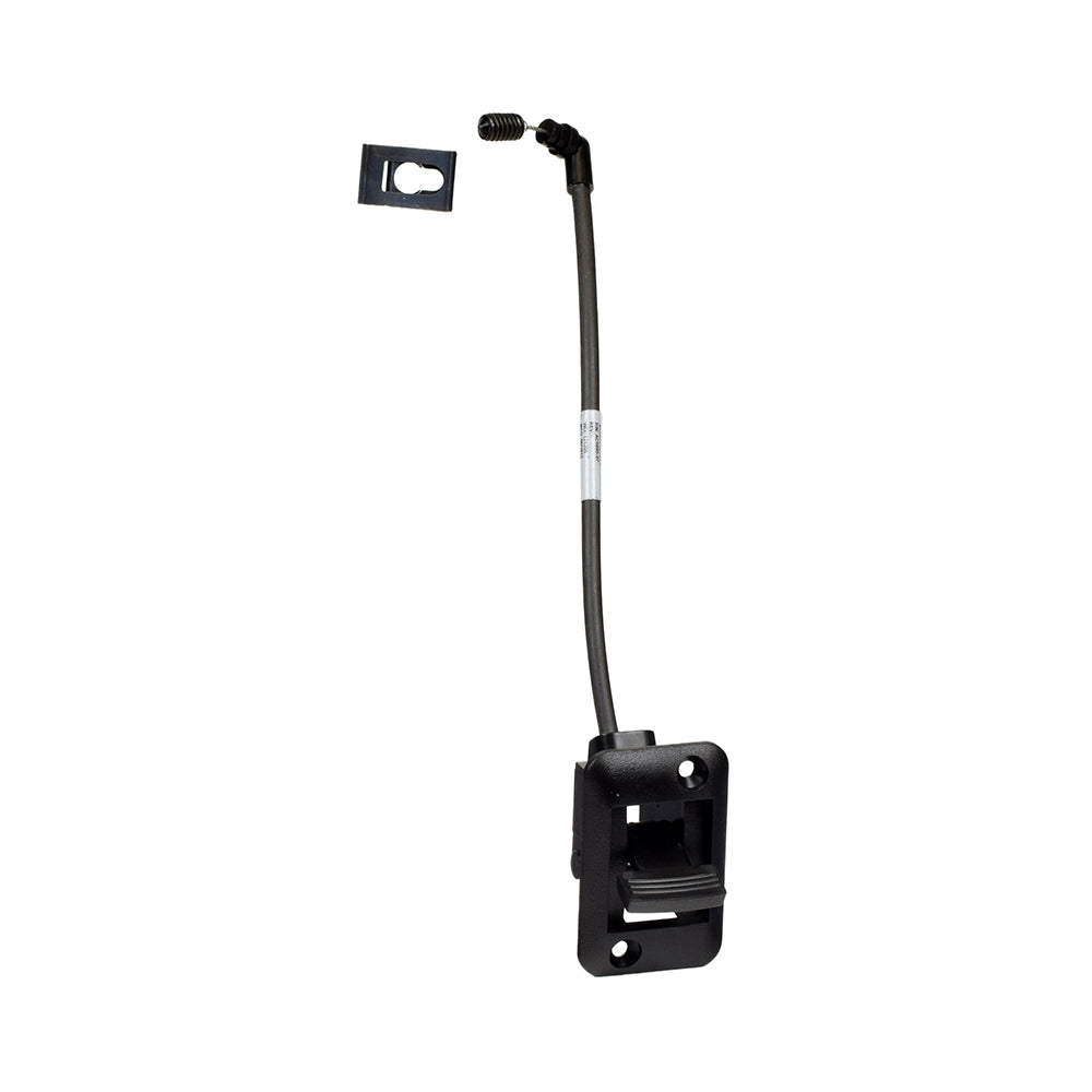 Tiller Adjustment Lever Assembly for Pride Maxima (SC900) featuring a black cable, wire with a white label, plastic pedal, and metal hole, complete with screw and mount for easy attachment.