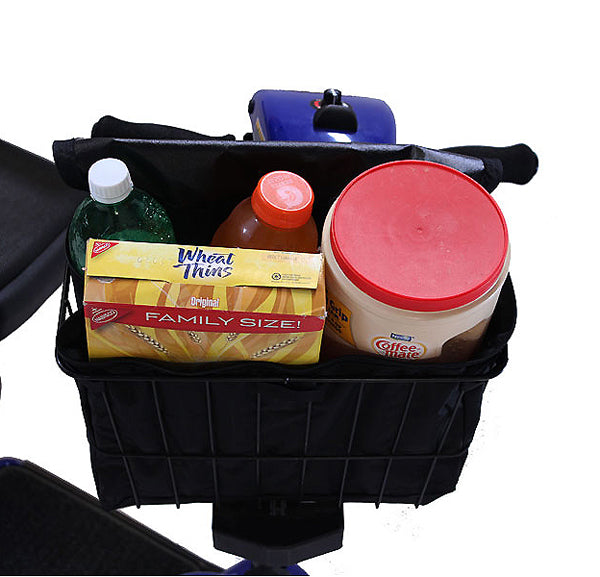 Tiller Basket Liner for Mobility Scooters inside a basket with food, featuring a zippered lid and reflective tape, designed to fit securely in wire or plastic scooter baskets.