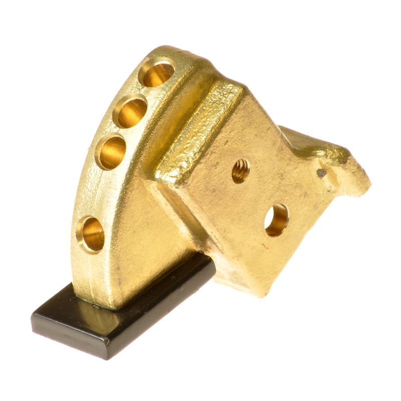 Tiller Block for the Pride Wrangler (PMV600) - A gold metal object with multiple holes, designed for the robust ATV-like mobility vehicle, reflecting its sturdy construction and durability.