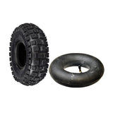 3.00-4 (10x3, 260x85) Off-Road Tire and Tube Combo for Avigo Extreme Dirt Rider SC 3500 & Surge 36 Volt Off-road Electric Scooter, showing a black rubber tire with a central hole and a valve.