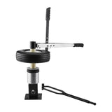 Mini-Tire Changer for 4-12 Rims shown mounted on a machine, highlighting its compact design and included tools such as bead breaker handles and mount/demount tool, ideal for ATVs, go-karts, and mini bikes.