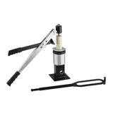 Mini-Tire Changer for 4-12 Rims, featuring a compact metal tool with black handle and a white tube with a brown stripe, ideal for ATVs, go-karts, and mini bikes.