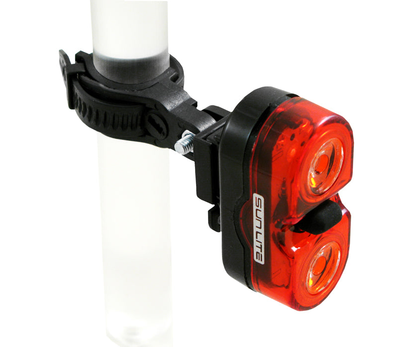 TL-L201 Dual Taillight attached to a bike pole, shown in close-up with its red light feature prominently displayed, enhancing visibility and safety for bikes or scooters in low-light conditions.