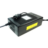 36 Volt 4.0 Amp 3-Pin Battery Charger (Standard) with a black power supply and attached cord, featuring a close-up of a yellow label and multi-color LED indicating battery charge level.