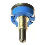 5K Ohm RVQ24YS07-01 S25.2S S502 Throttle Potentiometer, a blue and silver round device with a metal tube, commonly used in ActiveCare mobility scooters for smooth throttle control.