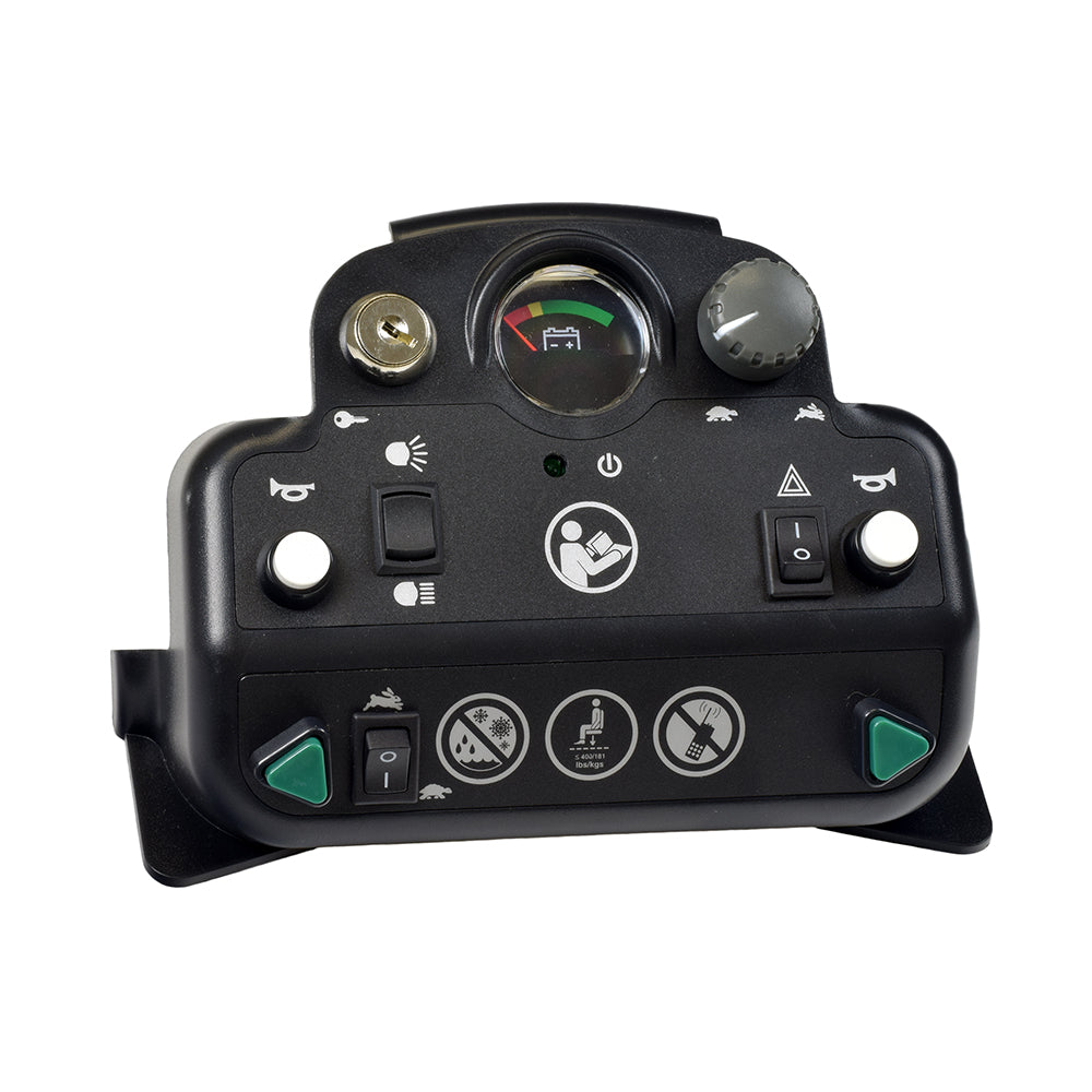 Top Console Electronic Assembly for the Pride Hurricane (PMV5001) and Pride Legend XL SC3450, featuring multiple buttons, dials, and white buttons on a black surface, integral for scooter functionality.