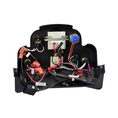 Top Console Electronic Assembly for the Pride Hurricane (PMV5001) and Pride Legend XL SC3450, featuring a black box with wires and circuit components, essential for scooter dashboard functionality restoration.