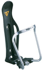 Topeak Modula Cage II Bottle Cage, an adjustable black and silver bicycle water bottle holder with an innovative diameter adjustment system for various bottle sizes, featuring a rubber cage pad and durable materials.