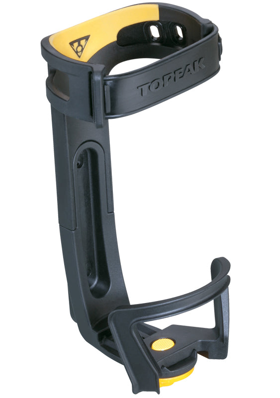 Topeak Modula Java Bottle Cage, an adjustable black and yellow plastic holder designed to secure various sizes of coffee tumblers or travel mugs while cycling, featuring a rubber strap for stability.