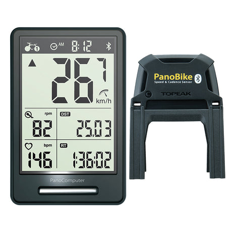 Topeak Panocomputer Wireless Bike Computer with Speed and Cadence Sensor featuring a widescreen display and a handlebar-mounted sensor, showing real-time ride stats and syncing with smartphones.