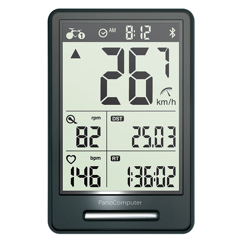 Topeak PanoComputer Wireless Bike Computer with a widescreen display showing digital numbers and text, designed for real-time ride information and data syncing with compatible smartphones and the PanoBike App.