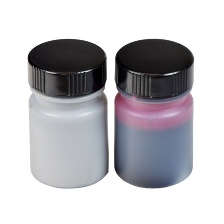 Candy Apple Red Touch Up Paint Kit for Pride Power Chairs and Scooters, featuring two small bottles with black caps, one for the top coat and one for the base coat.