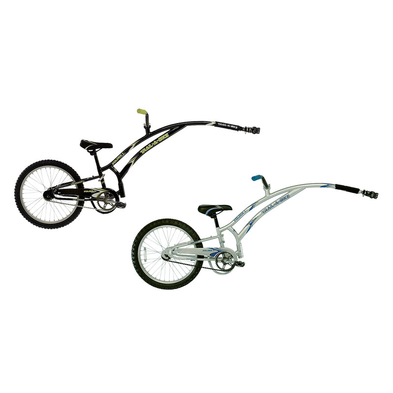 Trail-A-Bike Original Compact Folding Trailer Bike, shown with a long handlebar and smaller frame, designed for young cyclists, and featuring a folding frame for easy transport and storage.