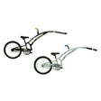 Trail-A-Bike Original Compact Folding Trailer Bike, shown with a long handlebar and smaller frame, designed for young cyclists, and featuring a folding frame for easy transport and storage.