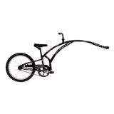 Trail-A-Bike Original Folder One Trailer Bike, a black bicycle with a long handlebar, folding frame, and safety features like a full chain guard and bash guard for stability and durability.