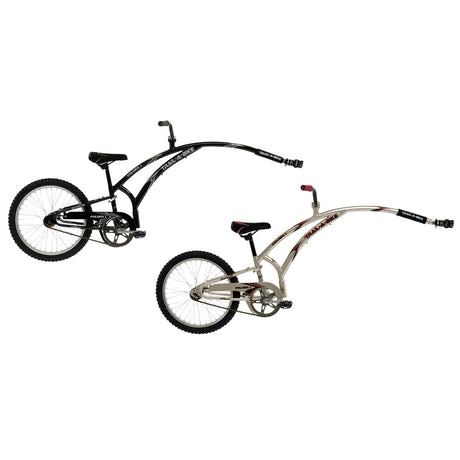 Trail-A-Bike Original Folder One Trailer Bike by Adams, featuring a black seat, curved handlebar, and full chain guard, designed for easy storage and increased stability for family cycling.