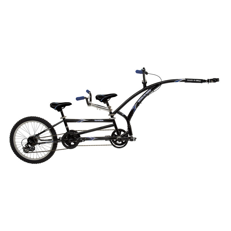 Trail-A-Bike Tandem Folding Trailer Bike with a long handlebar, blue handles, and a 7-speed Shimano drive train, designed for transporting two children, mounts on most regular bicycles.