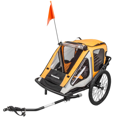 Trailer Tot Convertible Bike Trailer with a flag, 20 quick release alloy wheels, and a spacious cab for two kids, easily converts from a bike trailer to a jogger stroller.